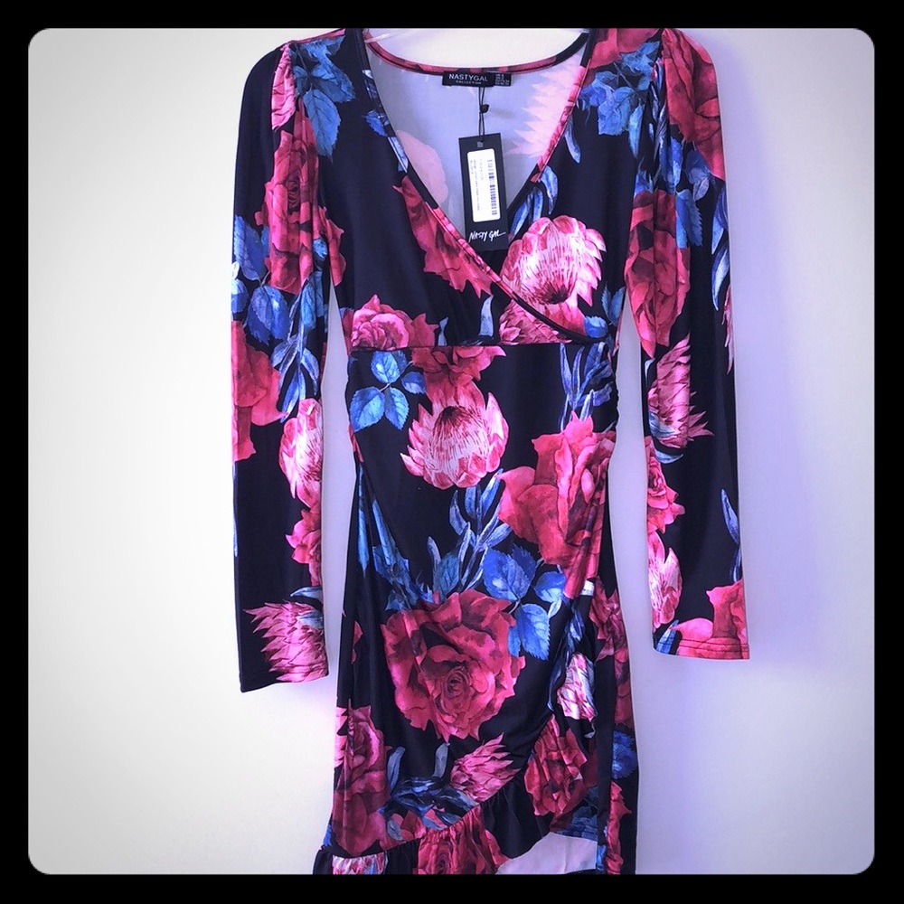 Nasty Gal Floral, black mini dress: size 2. Black dress, pink dress